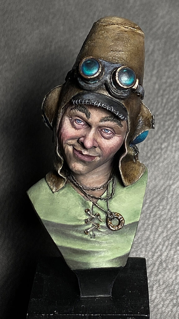 Finished JMD Pilot bust - miniature tutorial by Minichix Studio on painting leather elements