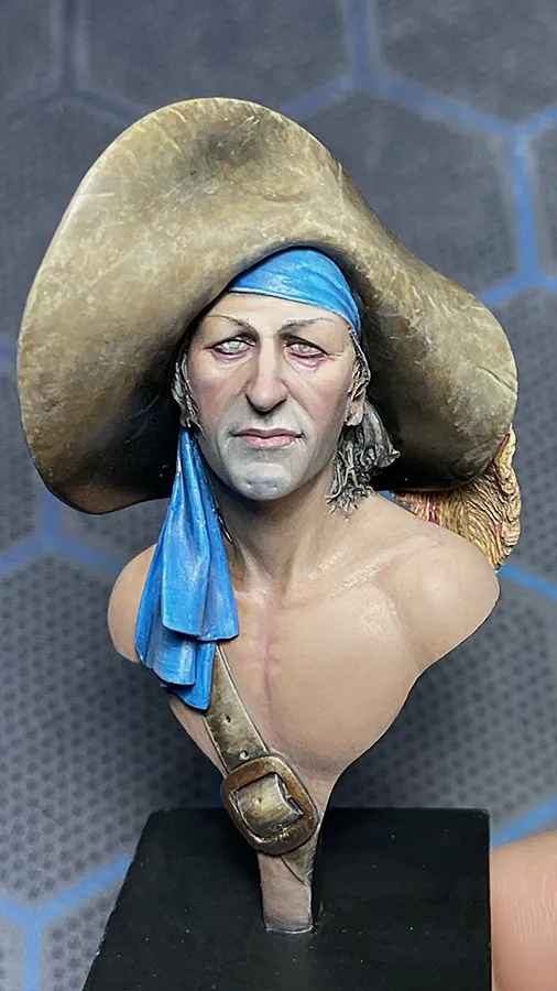 Next stage of painting texture on the hat on Sad Pirate bust - painting leather elements tutorial by Minichix Studio