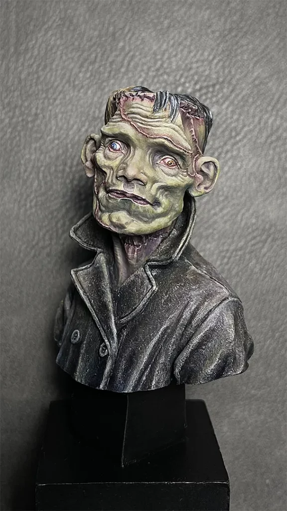 Painting leather elements on The Creature bust - front view - miniature tutorial by Minichix Studio