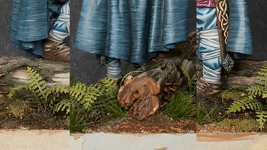 Close-up of Viking Chief miniature in process of applying texture to the cloak - miniature painting texture tutorial by Minichix Studio