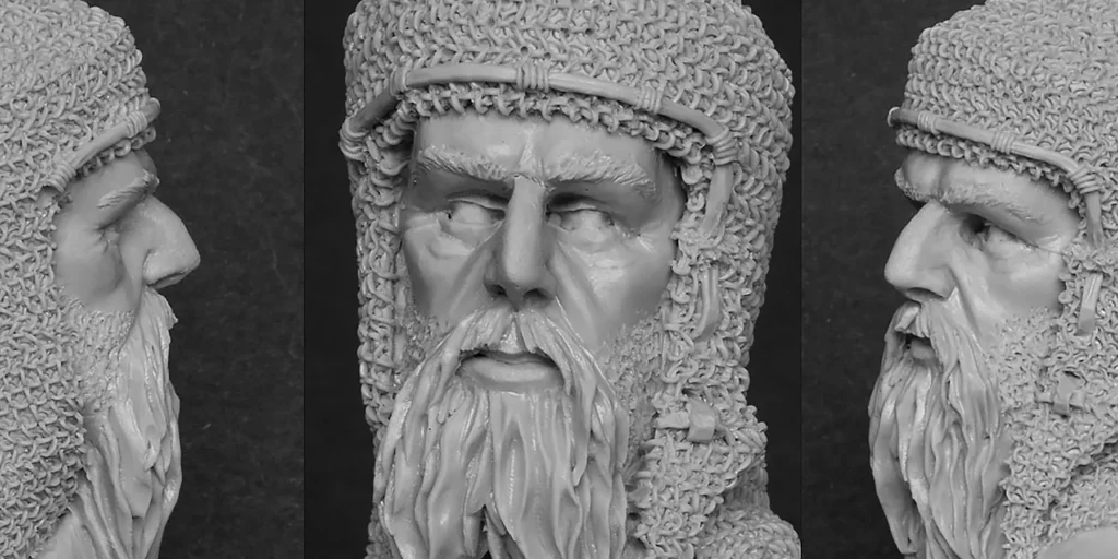 Close up photo focusing on the damaged area of the sculpt - for Minichix Studio article on sculpting scars on miniatures - featuring The Veteran bust.