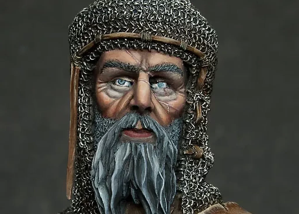 Photo of another stage of painting on the Veteran bust with scars sculpted around his eye - featured in Minichix Studio article on sculpting scars on miniatures.