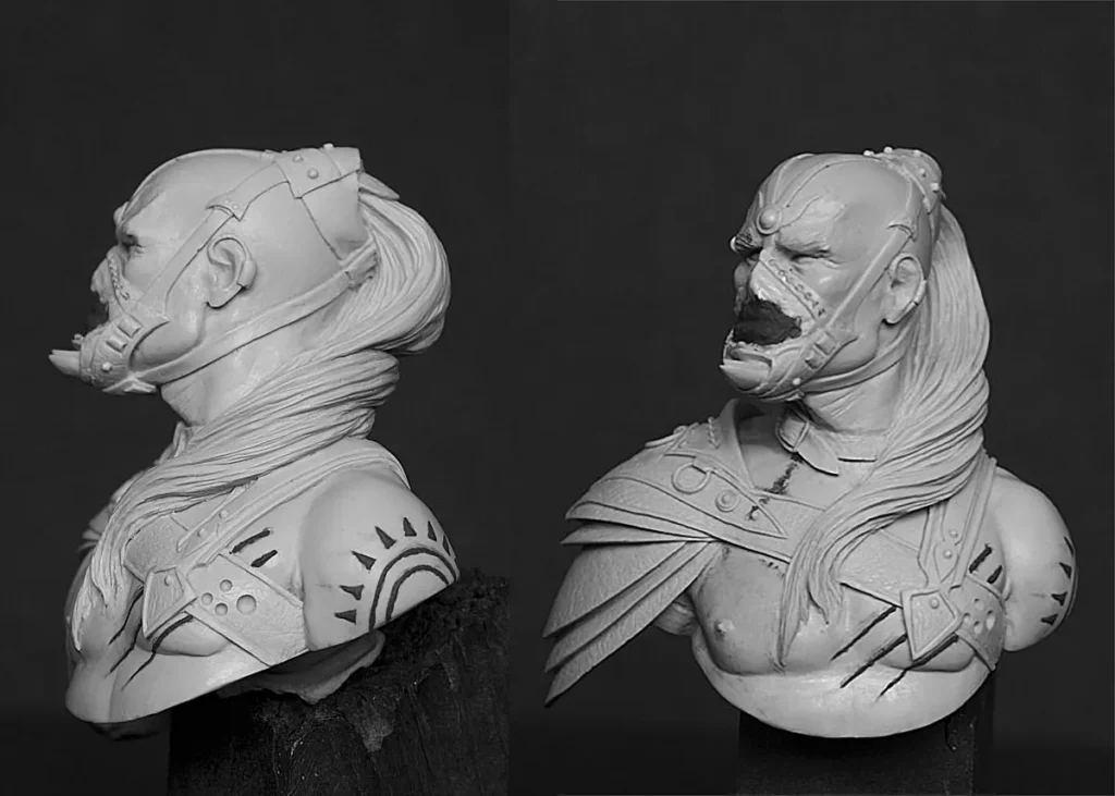 Photo of the Grinder bust with added scars and scarifications before painting - used in the article by Minichix Studio about sculpting scars on miniatures.